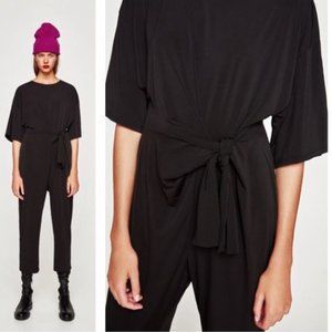 ZARA TRAFALUC Loose Flowing Tie-Front Jumpsuit - Black - Size: Medium